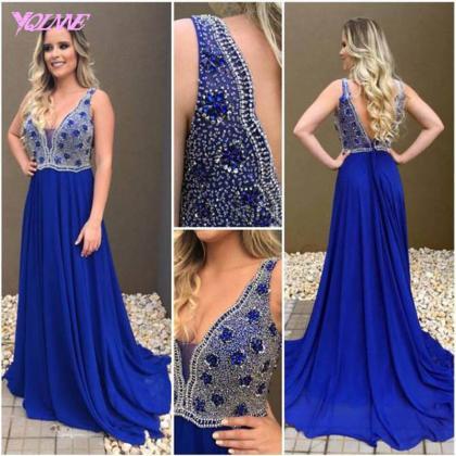 Royal Blue Crystals Prom Dress Long Evening Gown..