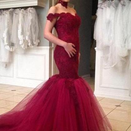 Elegant Wine Red Off The Shoulder Evening Dress..