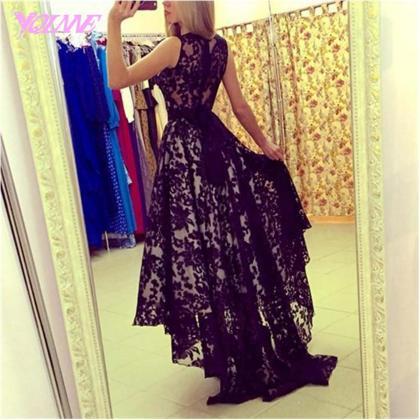 High Low Lace Prom Dresses Black Long Party Dress