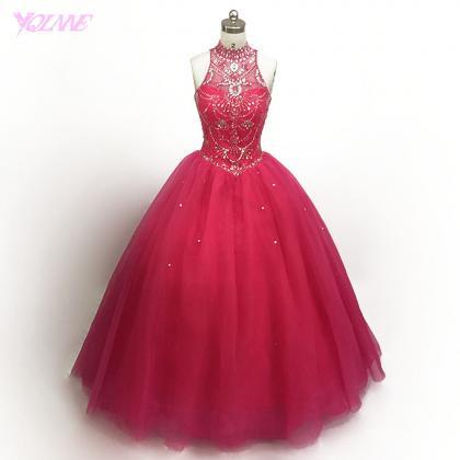 Real Photos Super Pink Crystal Beaded Quinceanera..