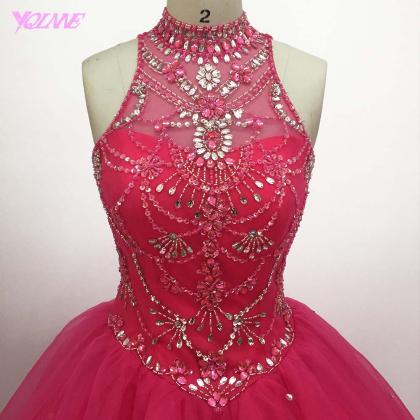 Real Photos Super Pink Crystal Beaded Quinceanera..
