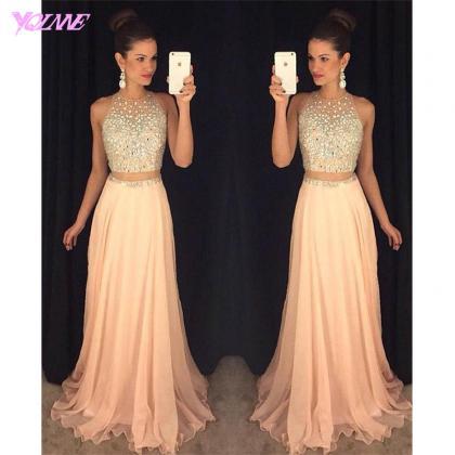Two Pieces Crystals Prom Dresses Chiffon Party..