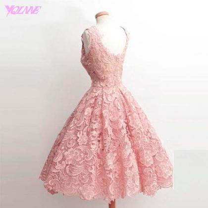 Blush Pink Lace Prom Dresses Ball Gown Tea Length..