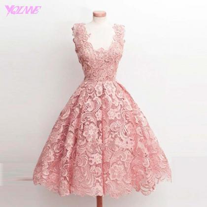Blush Pink Lace Prom Dresses Ball Gown Tea Length..