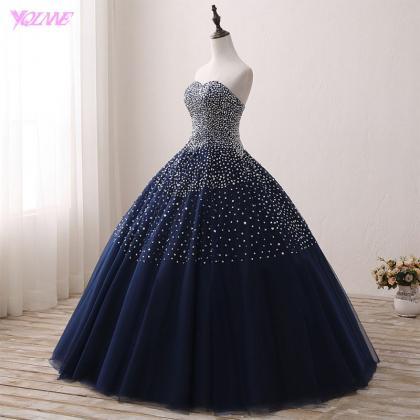 Real Photos Navy Blue Crystals Beaded Prom Dresses..