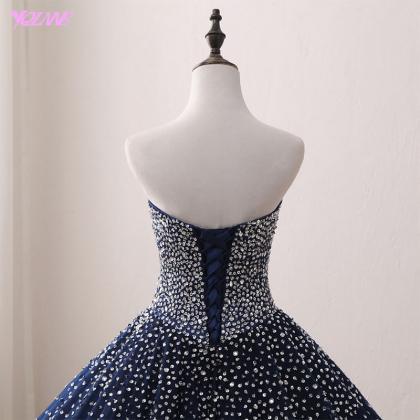 Real Photos Navy Blue Crystals Beaded Prom Dresses..