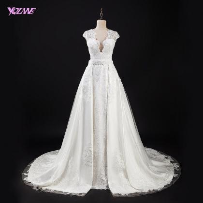 2 In 1 White Lace Bridal Dresses Mermaid Wedding..