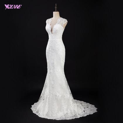 2 In 1 White Lace Bridal Dresses Mermaid Wedding..