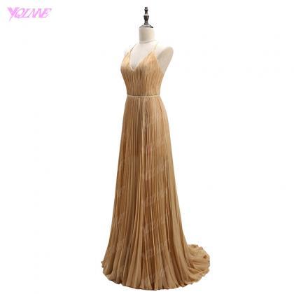 Champagne Chiffon Pleated Plunge V Floor Length..