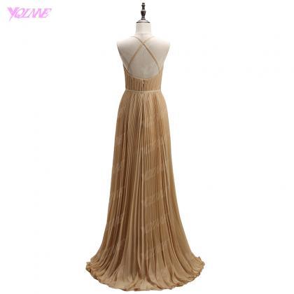 Champagne Chiffon Pleated Plunge V Floor Length..