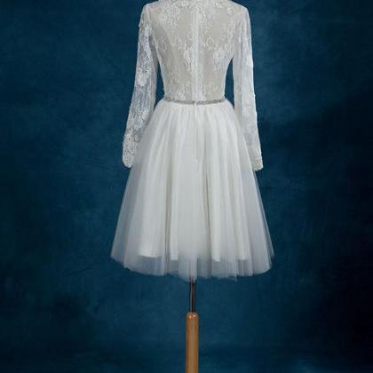 Sexy White Short Wedding Dress Full Sleeve Lace..
