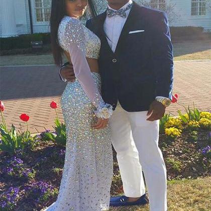 Two Piece Crystals Prom Dresses White Long Sleeve..