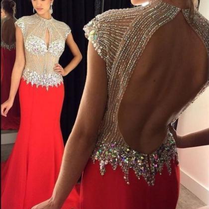 Gorgeous Red Crystals Prom Dresses High Neck..