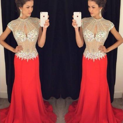 Gorgeous Red Crystals Prom Dresses High Neck..