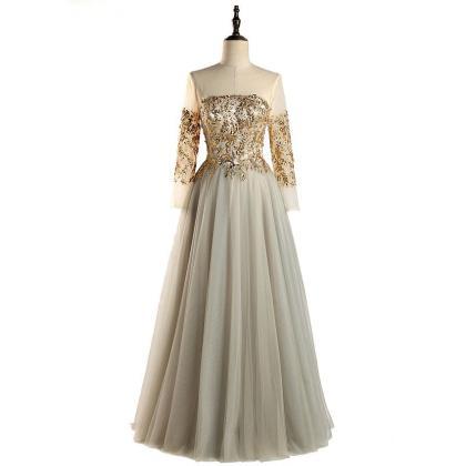 Gold Appliques Evening Dress Tulle Beaded Long..