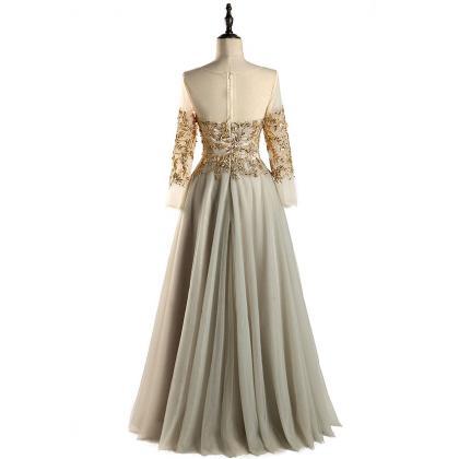 Gold Appliques Evening Dress Tulle Beaded Long..