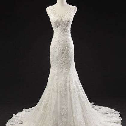 V Neck Lace Beaded Mermaid Wedding Dress..