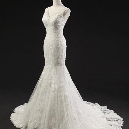 V Neck Lace Beaded Mermaid Wedding Dress..