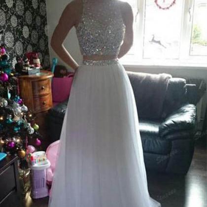 White Two Pieces Prom Dresses Long Crystals Tulle..