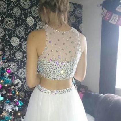 White Two Pieces Prom Dresses Long Crystals Tulle..