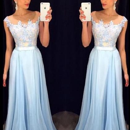 Sky Blue Long Prom Dresses Elegant Lace Chiffon..