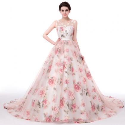 Sweet Organza Print Flowers Prom Dresses Long..