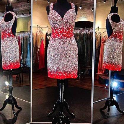 Gorgeous Red Crystals Beaded Prom Dresses Short..