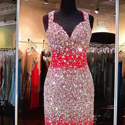 Gorgeous Red Crystals Beaded Prom Dresses Short..