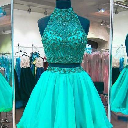 Two Pieces Green Beading Homecoming Dresses High..