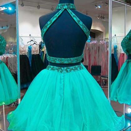 Two Pieces Green Beading Homecoming Dresses High..