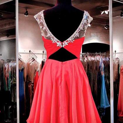 Red Short Prom Dresses Chiffon Crystals Beaded..