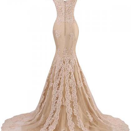 Lace Appliqués And Beaded Embellished Champagne..