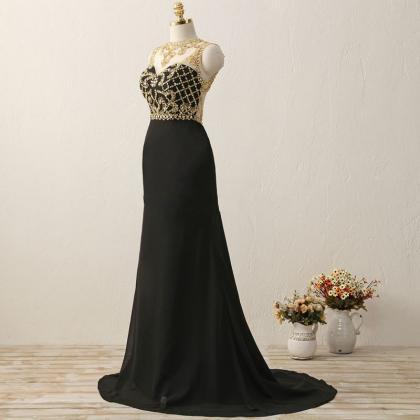 Black Chiffon Long Prom Dresses Gold Crystals..