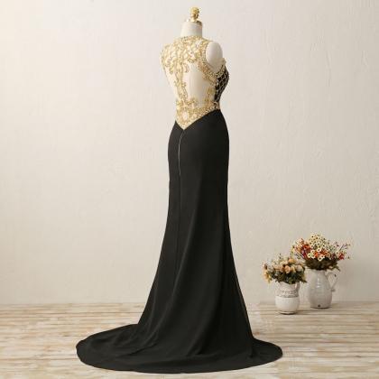 Black Chiffon Long Prom Dresses Gold Crystals..