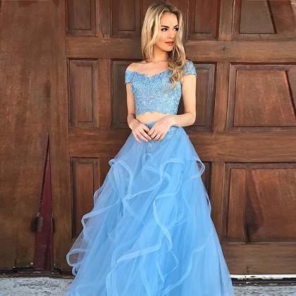 Light Blue Two Piece Long Prom Dresses Party..