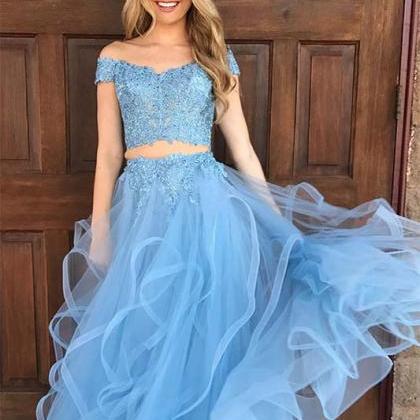 Light Blue Two Piece Long Prom Dresses Party..
