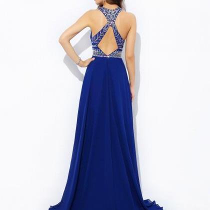 Royal Blue Halter Crystals Prom Dresses Long..