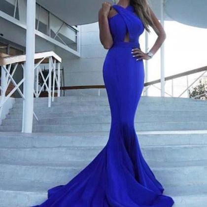 2018 Royal Blue Long Mermaid Prom Dresses Backless..