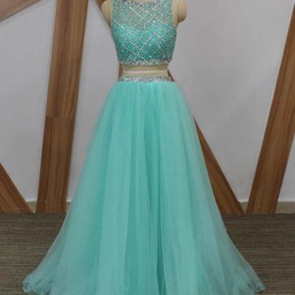 2018 Two Pieces Long Prom Dresses Mint Green Tulle..