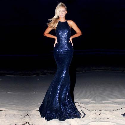 Navy Blue Sequins Mermaid Prom Dresses Halter..