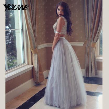 Two-piece Beaded A-line Tulle Long Prom Dress,..