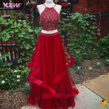 Red Prom Dresses,2 Pieces Prom Dresses,crystals..