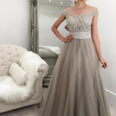Off the Shoulder Gray Prom Dresses Tulle Beading Evening Gown Zipper Back