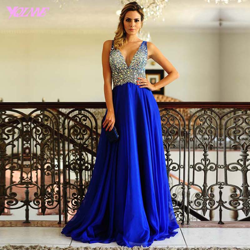 Royal Blue Prom Dresses,prom Gown,long Prom Dress,chiffon Prom Dresses,crystals Prom Dresses,sexy Prom Dresses,v-neck Prom Dress