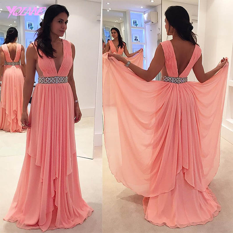 Prom Dresses 2017,coral Prom Dress,prom Gown,deep V-neck Prom Dresses,long Prom Dresses,chiffon Prom Dress,sxey Party Dress