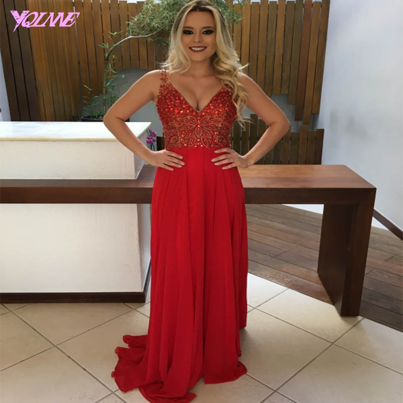 Red Dresses,chiffon Prom Dresses,backless Prom Dresses,crystals Prom Dress,v Neck Prom Dress,prom Gown,sexy Prom Dress,long Party Dress
