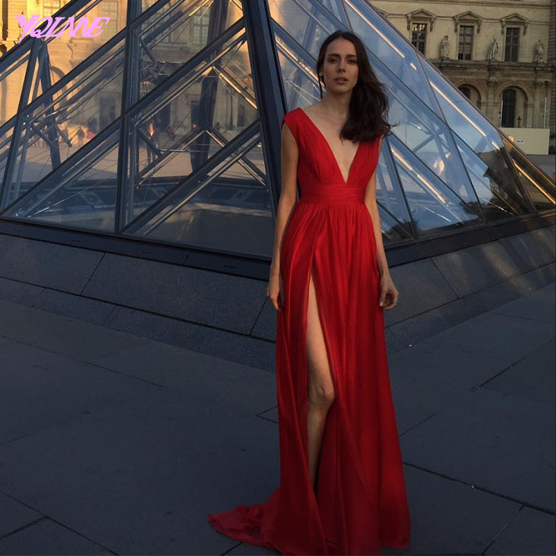 Sexy Prom Dress,fashion Prom Dress,red Dresses,prom Gown,chiffon Prom Dresss,slit Prom Dresses,deep V Neck Prom Dress,evening Gown,red Carpet