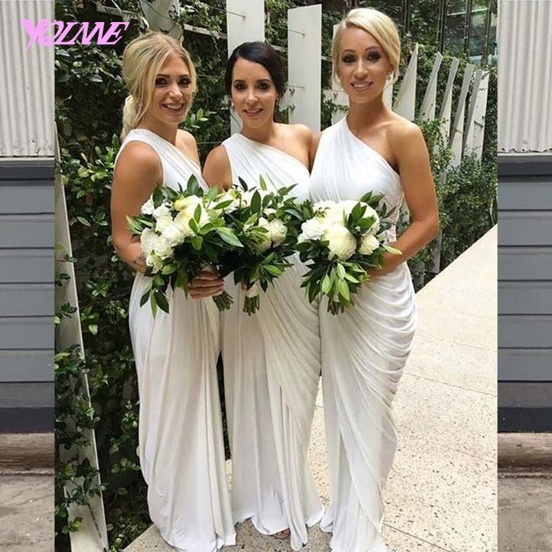 White One Shoulder Chiffon Bridesmaids Dresses Floor Length Wedding Party Dress