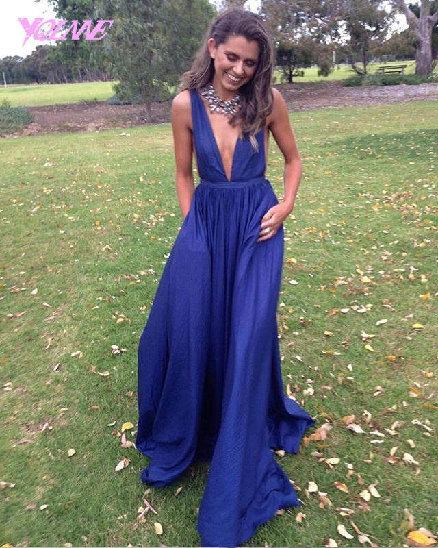 Sexy Deep V Neck Prom Dresses Long Royal Blue Evening Gown Fashion Dress