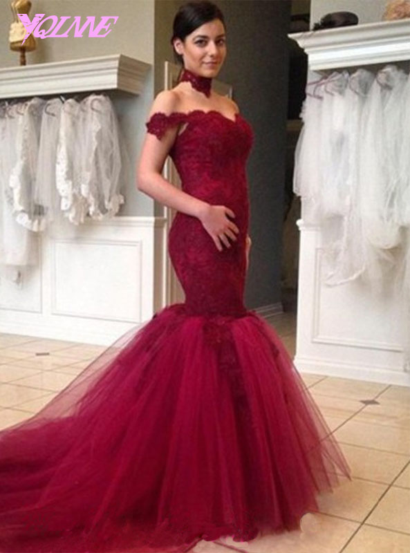 Elegant Wine Red Off The Shoulder Evening Dress Mermaid High Neck Lace Tulle Formal Women Gown